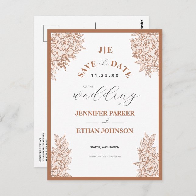 Elegant Boho Peony Botanical Spara datum Vykort (Fram/baksida)