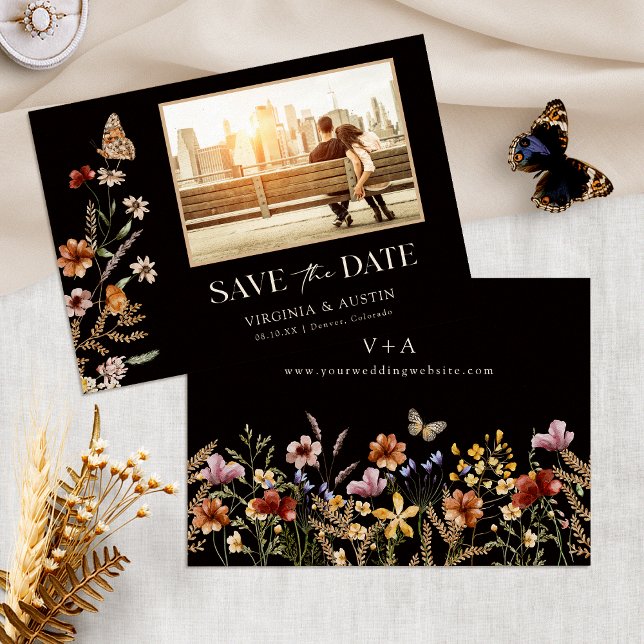 Elegant Boho Photo Save Date Spara Datumet (Elegant Black Wildflower Boho Photo Save The Date Monogrammed by Painted Paperie
)