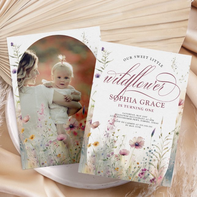 Elegant Boho Photo Wildblomma 1:a födelsedagen Inbjudningar (Skapare uppladdad)
