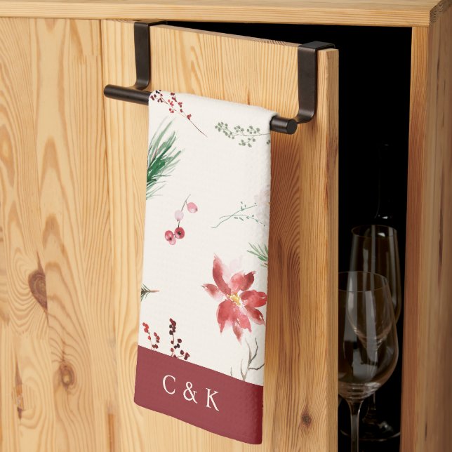 Elegant Boho Poinsettia Greenery Julvinter Kökshandduk (Thirds Fold)