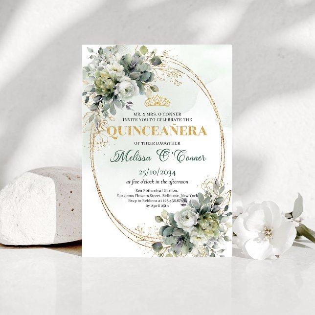 Elegant Boho Quinceañera Grönska Lövverk Inbjudan (Elegant Boho Quinceañera Greenery Foliage Invitation)