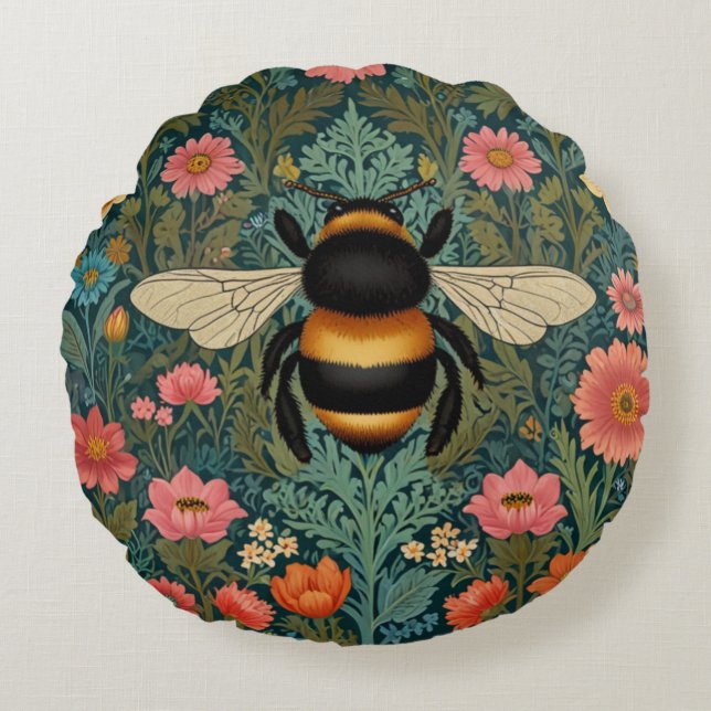 Elegant boho retro bumblebee spring florals  rund kudde (Framsidan)
