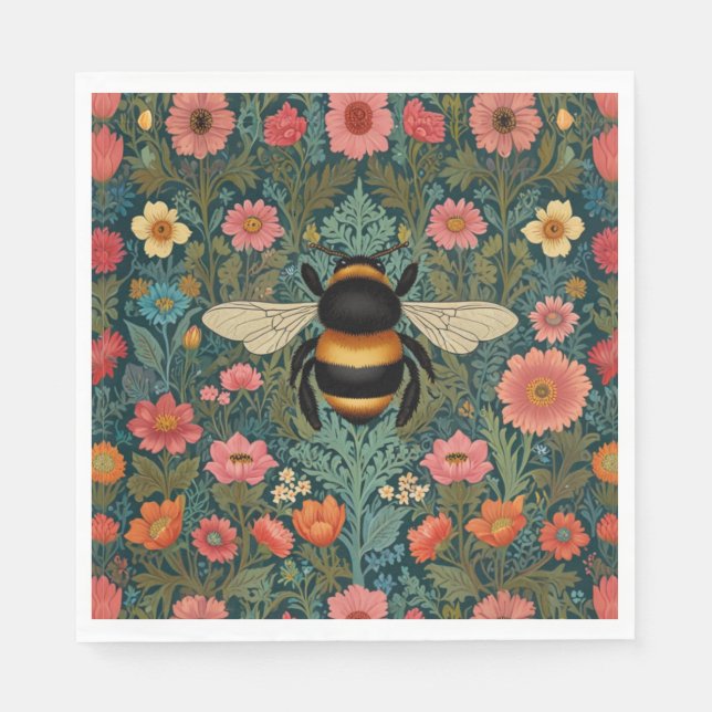 Elegant boho retro hummelbi vårblommor  pappersservett (Framsidan)