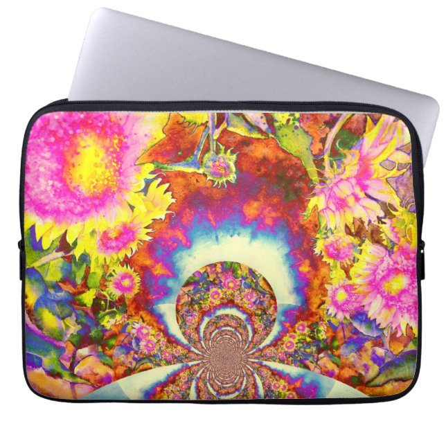 Elegant boho retro sunblommor rosa gula blommor laptop sleeve (Framsidan)