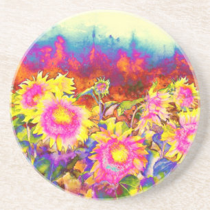 Elegant boho retro sunblommor rosa gula blommor underlägg sandsten