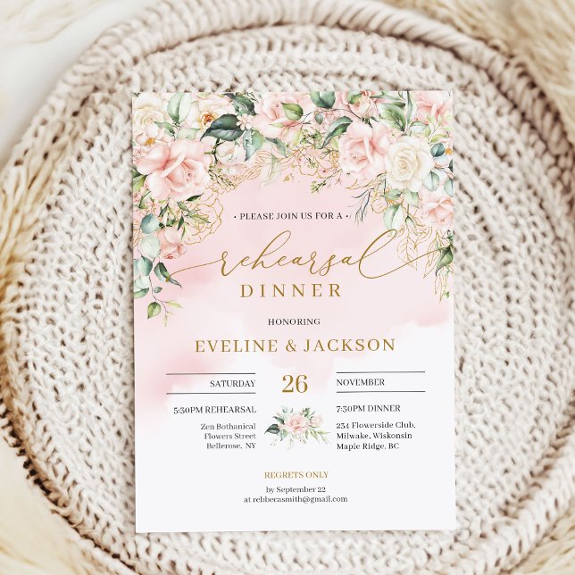 Elegant boho  ro grönt guld rehearsal inbjudningar (Delicate soft pastel pink roses rehearsal dinner invitation digital )