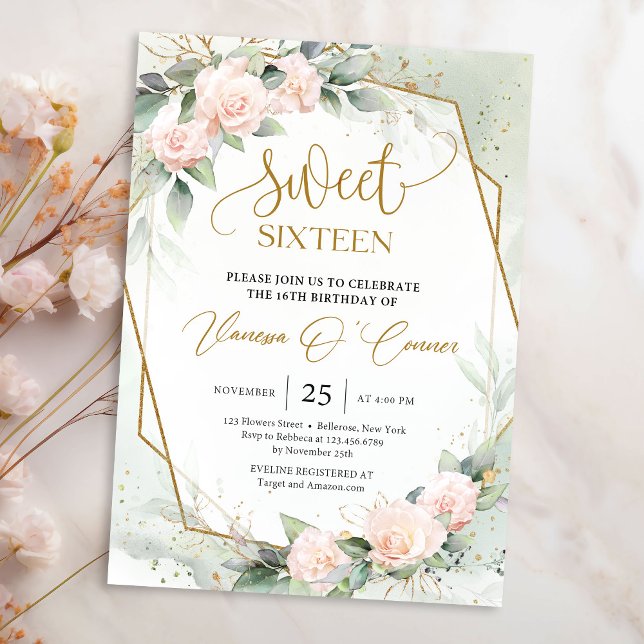 Elegant boho  ro och eukalyptus guld ram inbjudningar (Soft pastel pink roses greenery and gold frame sweet sixteen invitation template)