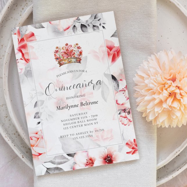 Elegant Boho Röd Blommig Quinceañera Inbjudningar (Skapare uppladdad)