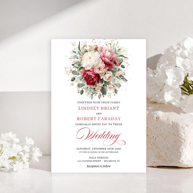 Elegant Boho Röd Rodnad Guld Bröllopsinbjudan Inbjudningar (Chic Boho Red Blush Gold Wedding Invitation)