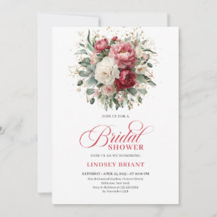 Elegant Boho Röd Rosé Guld Blommig Bröllopsdusch Inbjudningar