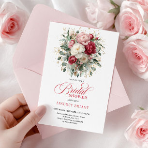 Elegant Boho Röd Rosé Guld Blommig Bröllopsfest Inbjudningar