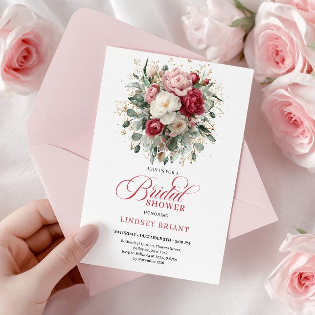 Elegant Boho Röd Rosé Guld Blommig Bröllopsfest Inbjudningar (Elegant Boho Red Blush Gold Floral Bridal Shower)