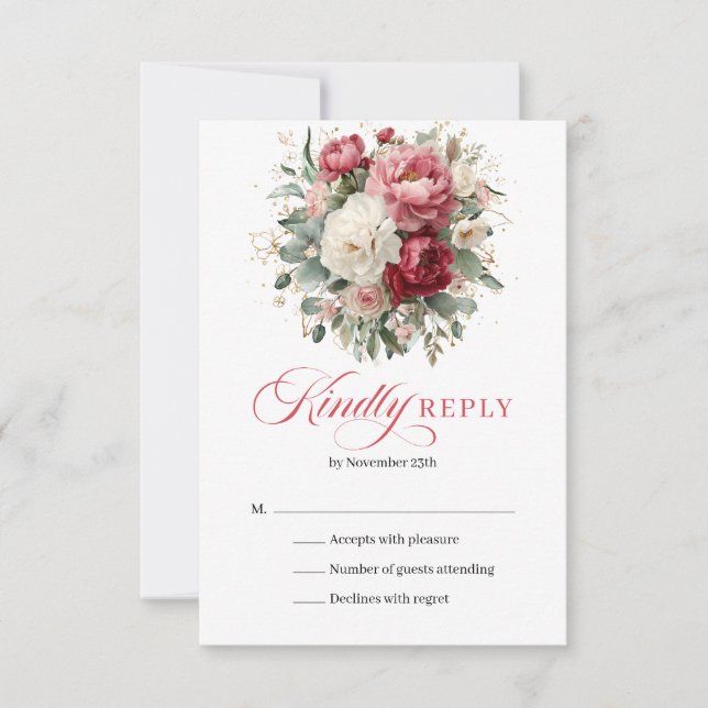 Elegant Boho Röd Rosenskugga Blommig Bröllops RSVP OSA Kort (Framsida)