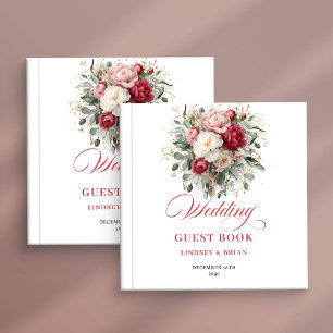 Elegant Boho Röd Rosett Blommig Bröllopsgästbok Gästböcker