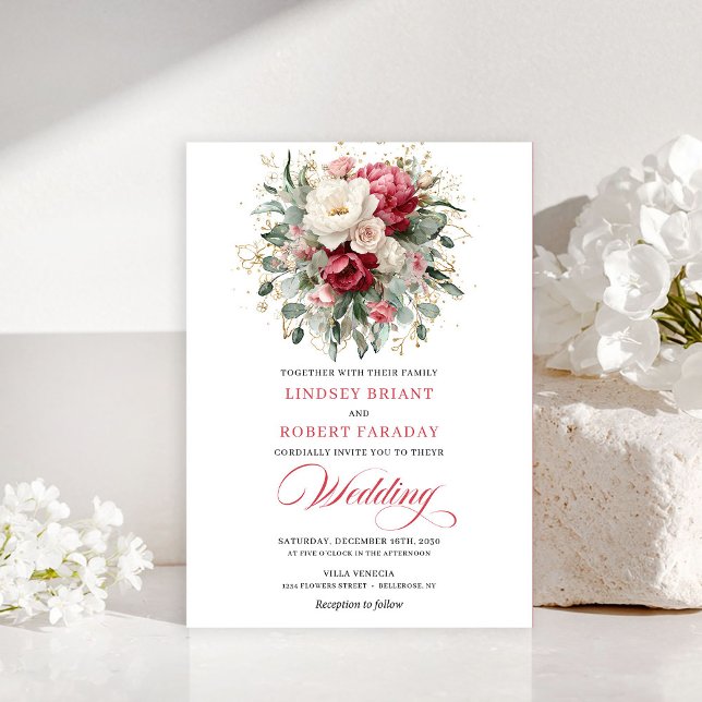 Elegant Boho Röd Vit Grönska Bröllopsinbjudan Inbjudningar (Elegant Boho Red White Greenery Wedding Invitation)