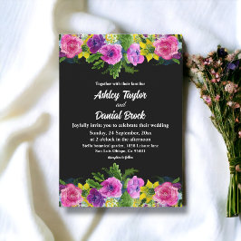 Elegant Boho Romantic Flowers Black Blommigt Bröll Inbjudningar