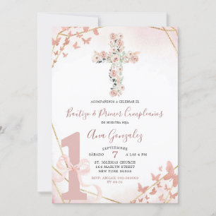 Elegant Boho Rosa Baptism och första födelsedag Inbjudningar