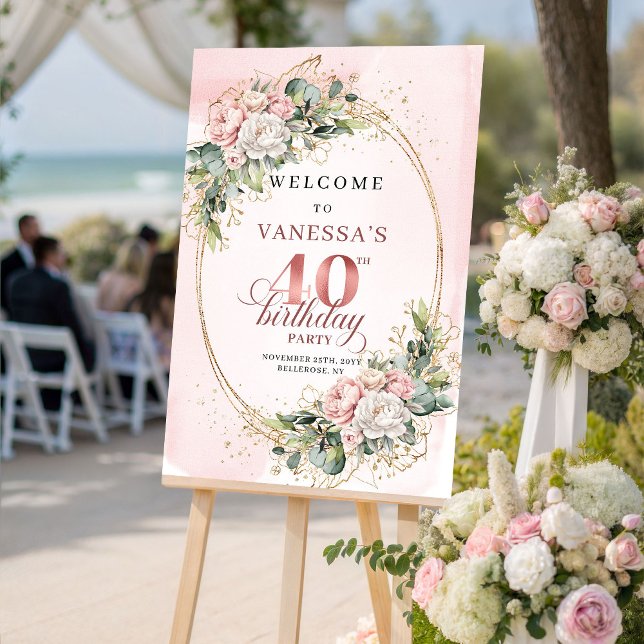 Elegant Boho Rosa Blommig 40-års Födelsedagsvälkom Poster (Chic Boho Blush Pink Floral 40th Birthday Welcome)