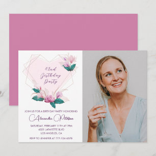 Elegant Boho Rosa Blommig Foto 42-årsdag Inbjudningar