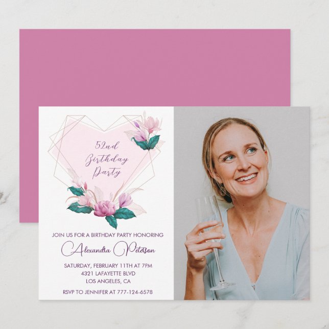 Elegant Boho Rosa Blommig Foto 52-årsdag Inbjudningar (Fram/baksida)