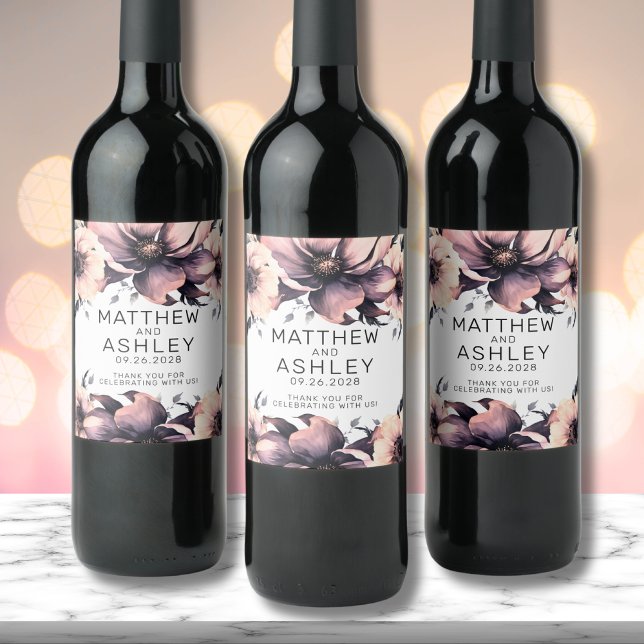Elegant Boho  Rosa Blommigt Bröllop Vinflaska Etikett (Elegant Floral Boho Blush Pink Black White Wedding Wine Label)