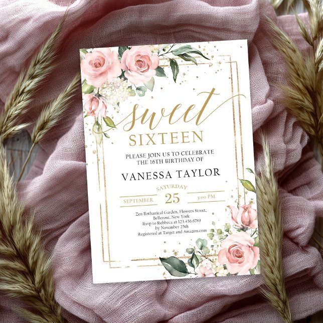 Elegant boho  rosa blommigt guld sweet sixteen inbjudningar (Elegant boho blush pink floral gold sweet sixteen invitation)
