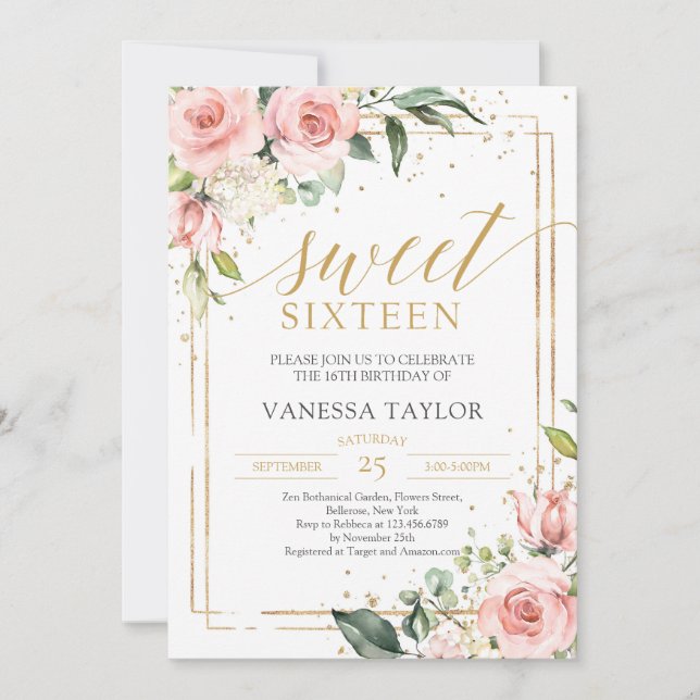 Elegant boho  rosa blommigt guld sweet sixteen inbjudningar (Framsida)
