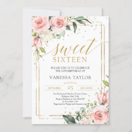 Elegant boho  rosa blommigt guld sweet sixteen inbjudningar