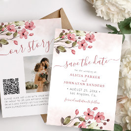 Elegant boho rosa blommigt QR-kodfoto bröllop Spara Datumet