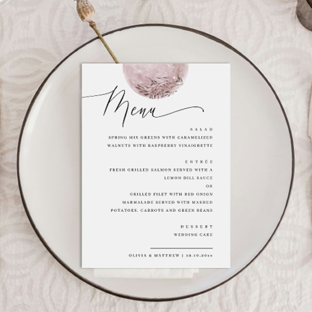 Elegant Boho Rosa Erröda Måne | Bröllopsmiddag Meny (Skapare uppladdad)