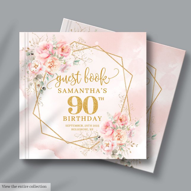 Elegant Boho  Rosa Guld Blommigt 90:e födelsedag Gästböcker (Boho Blush Pink Gold Floral 90th Birthday Guest Book)