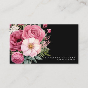 Elegant Boho Rosa och svart Flowers Affärskort Visitkort