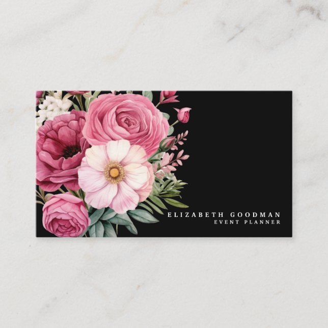 Elegant Boho Rosa och svart Flowers Affärskort Visitkort (Framsida)