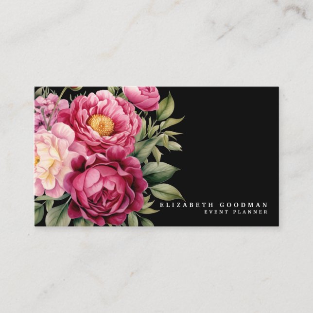 Elegant Boho Rosa och svart Flowers Affärskort Visitkort (Framsida)