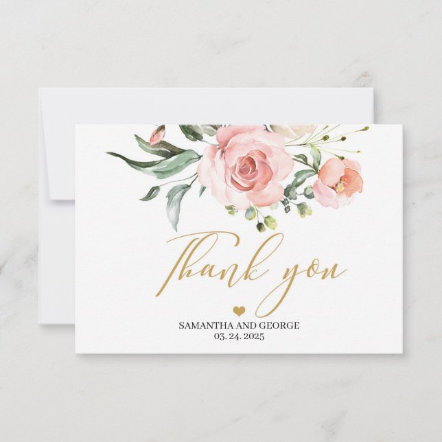 Elegant boho  rosa peach blommigt guld font tack kort (Framsida)