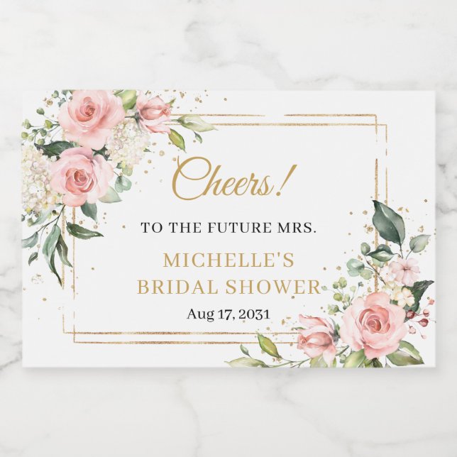 Elegant boho  rosa ros greenery guld ram (Enkel etikett)