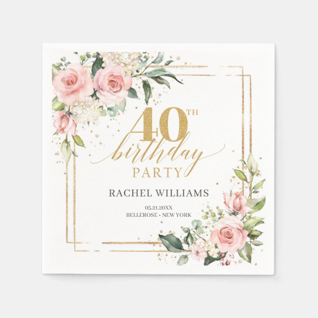 Elegant boho  rosa ros greenery guld ram pappersservett (Framsidan)