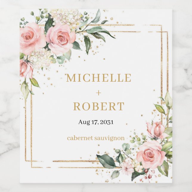 Elegant boho  rosa ros greenery guld ram vinflaska etikett (Singel etikett)