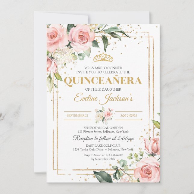 Elegant boho  rosa ros grönt quinceanera inbjudningar (Framsida)