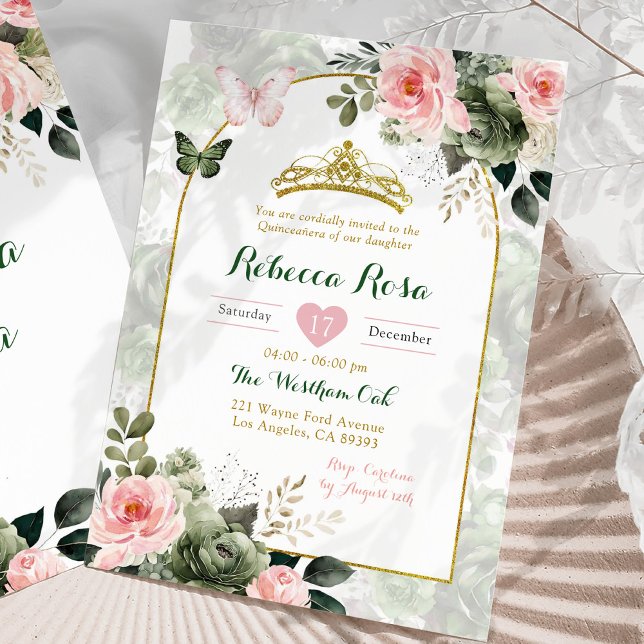 Elegant Boho  Rosa Sage Grönt Quinceañera Inbjudningar (Skapare uppladdad)