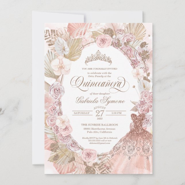 Elegant Boho Rosa Torkad Blommigt Ro Quinceanera Inbjudningar (Framsida)