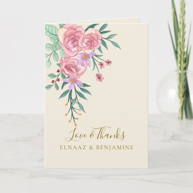 Elegant Boho  Rosa Watercolor Blommigt Bröllop Tack Kort (Framsida)