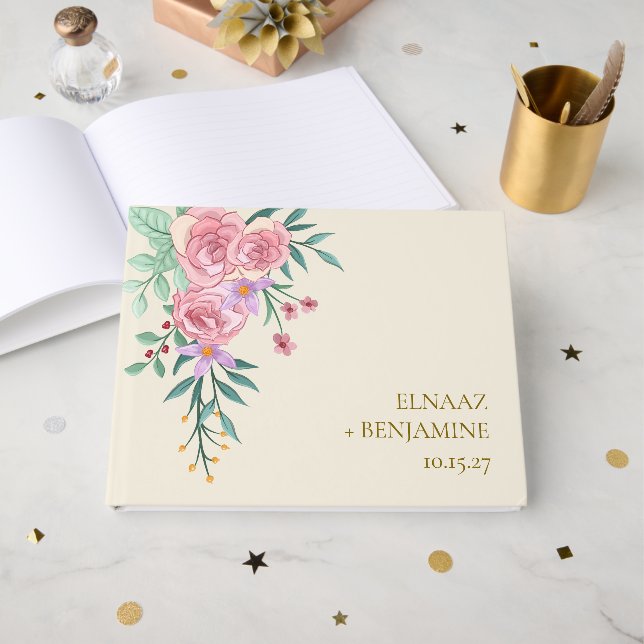 Elegant Boho Rosabränd Vattenfärg Blommig Bröllop  Gästböcker (Framsida Öppen)