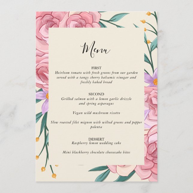 Elegant Boho Rosabränd Vattenfärg Blommig Bröllop  Meny (Framsida)