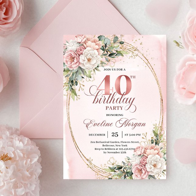 Elegant Boho Rosé Blommig 40-års Födelsedagsinbjud Inbjudningar (Elegant Boho Blush Floral 40th Birthday Invitation)