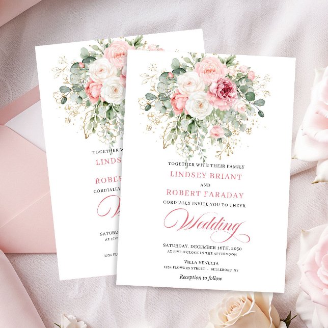 Elegant Boho Rosé Blommig Bröllopsinbjudan Inbjudningar (Elegant Boho Blush Floral Wedding Invite)