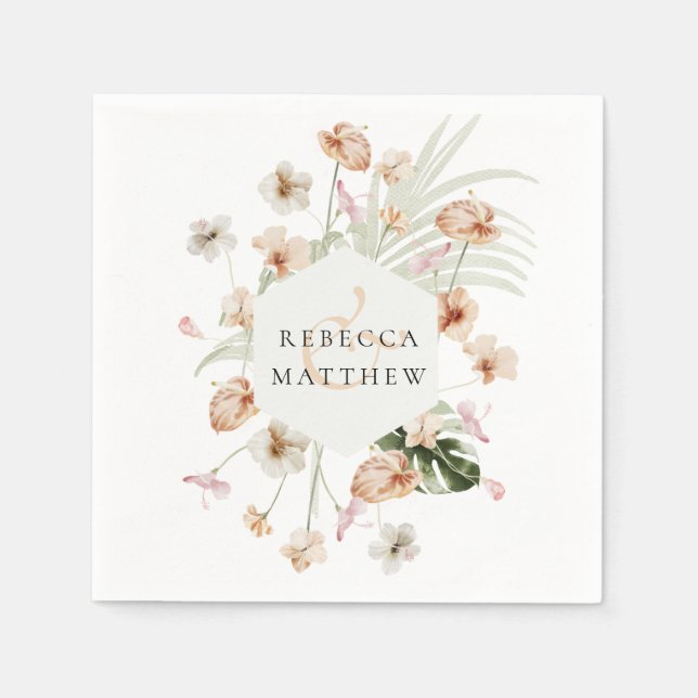 Elegant Boho Rosé Blommig Grönska Bröllop  Pappersservett (Framsidan)