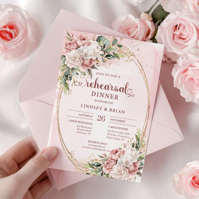 Elegant Boho Rose Gold Blommig Övningsmiddag Inbjudningar (Elegant Boho Rose Gold Floral Rehearsal Dinner)