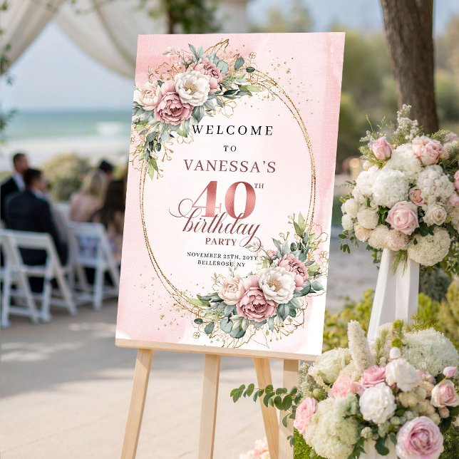 Elegant Boho Rose Gold Greenery 40th Birthday  Poster (Elegant Boho Rose Gold Greenery 40th Birthday Welcome)