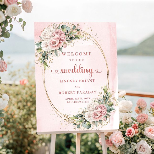 Elegant Boho Rose Gold Rosa Grön Bröllop Poster (Elegant Rose Gold Blush Pink Greenery Wedding Welcome)